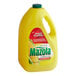 A yellow plastic gallon container of Mazola Corn Oil with a handle.