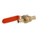 A brass SharkBite ball valve with a red handle.