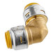 A brass and gold SharkBite Max 90 degree elbow pipe fitting.