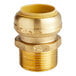 A gold brass SharkBite pipe fitting with a threaded nut.