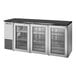 A True 72 1/8" stainless steel back bar refrigerator with glass doors.