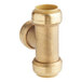 A gold SharkBite brass pipe fitting with a white background.