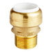 A gold and white SharkBite brass pipe fitting with threads.