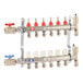 A SharkBite stainless steel radiant heating manifold with loop ports and valves.