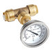 A SharkBite brass temperature gauge tee with a pressure and temperature gauge.