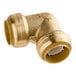 A SharkBite brass pipe fitting with two holes on a white background.