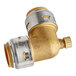 A SharkBite brass pipe fitting with a gold and silver finish.