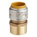 A SharkBite brass straight adapter with gold and metal fittings.