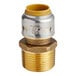 A SharkBite brass threaded reducing adapter with yellow and silver accents.