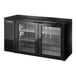 A True black back bar refrigerator with glass doors.