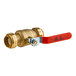 A SharkBite brass ball valve with a red handle.