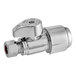 A SharkBite brass straight stop valve with a chrome plated nut and red handle.