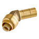 A brass SharkBite street elbow with gold push-to-connect ends.
