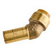 A close-up of a SharkBite brass pipe fitting with a brass end.