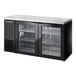 A black True back bar refrigerator with glass doors and a stainless steel top.