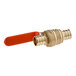 A SharkBite brass crimp ball valve with an orange handle.