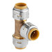 A close-up of a SharkBite brass threaded pipe tee.