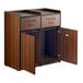 A Lancaster Table & Seating walnut double waste receptacle with "THANK YOU" swing doors.