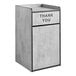 A white rectangular concrete box with a black border and black text that reads "THANK YOU" enclosing a metal trash can.