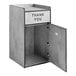 A grey Lancaster Table & Seating concrete receptacle with a "THANK YOU" sign on the door.