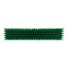 A close-up of a Vikan green push broom head with soft and stiff bristles.