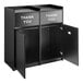 A black rectangular Lancaster Table & Seating waste receptacle with "THANK YOU" swing doors open.