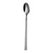 A close up of a Sola stainless steel iced tea spoon with a long handle.