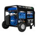 A blue and black DuroMax portable generator with wheels and a blue cover.