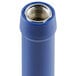 A close-up of a blue plastic tube with a metal nut.