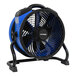 A blue and black XPOWER professional axial fan on a stand.