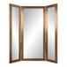 A rectangular white mirror with a gold frame and three doors on it.