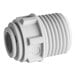 A white plastic John Guest polypropylene pipe fitting with threads on one end.