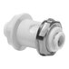 A close-up of a John Guest white polypropylene bulkhead connector with a white plastic and metal nut.