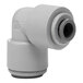 A John Guest grey acetal plastic pipe elbow with white nozzles.