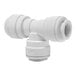 A white John Guest polypropylene pipe fitting with three white connectors.