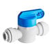 A white and blue plastic water valve with a blue handle and white fittings.