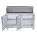 A Traulsen stainless steel refrigerated counter with two left hinged doors and shelves.