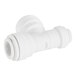 A white plastic John Guest polypropylene tee fitting with nozzles.