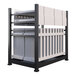 A cart with white and black Mod-Picket metal fence panels on metal shelves.