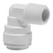 A white plastic John Guest fixed elbow pipe fitting.