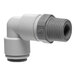 A John Guest grey acetal pipe fitting with a white pipe and a black tube.