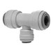 A grey John Guest plastic pipe fitting with two black nozzles.