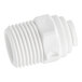 A close-up of a John Guest white polypropylene pipe fitting with a plug.