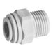 A white plastic John Guest polypropylene pipe fitting with threads.