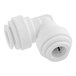 A white plastic John Guest push-to-connect elbow fitting.