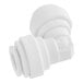 A close-up of a white plastic John Guest elbow fitting.