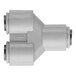 A grey plastic John Guest pipe connector with stainless steel fittings on both ends.