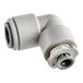 A John Guest grey plastic pipe elbow with a white connector.