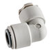 A white plastic John Guest pipe fitting with a white cap.