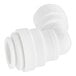 A close-up of a John Guest white polypropylene pipe fitting.